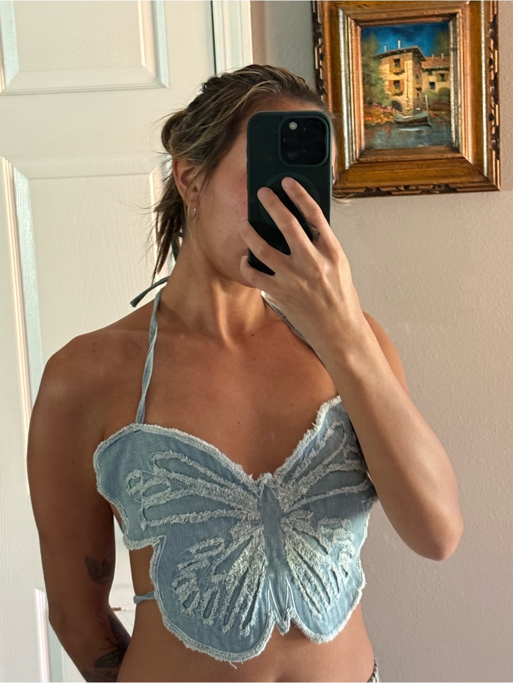 Light Blue Butterfly Halter Crop Top - Unbranded